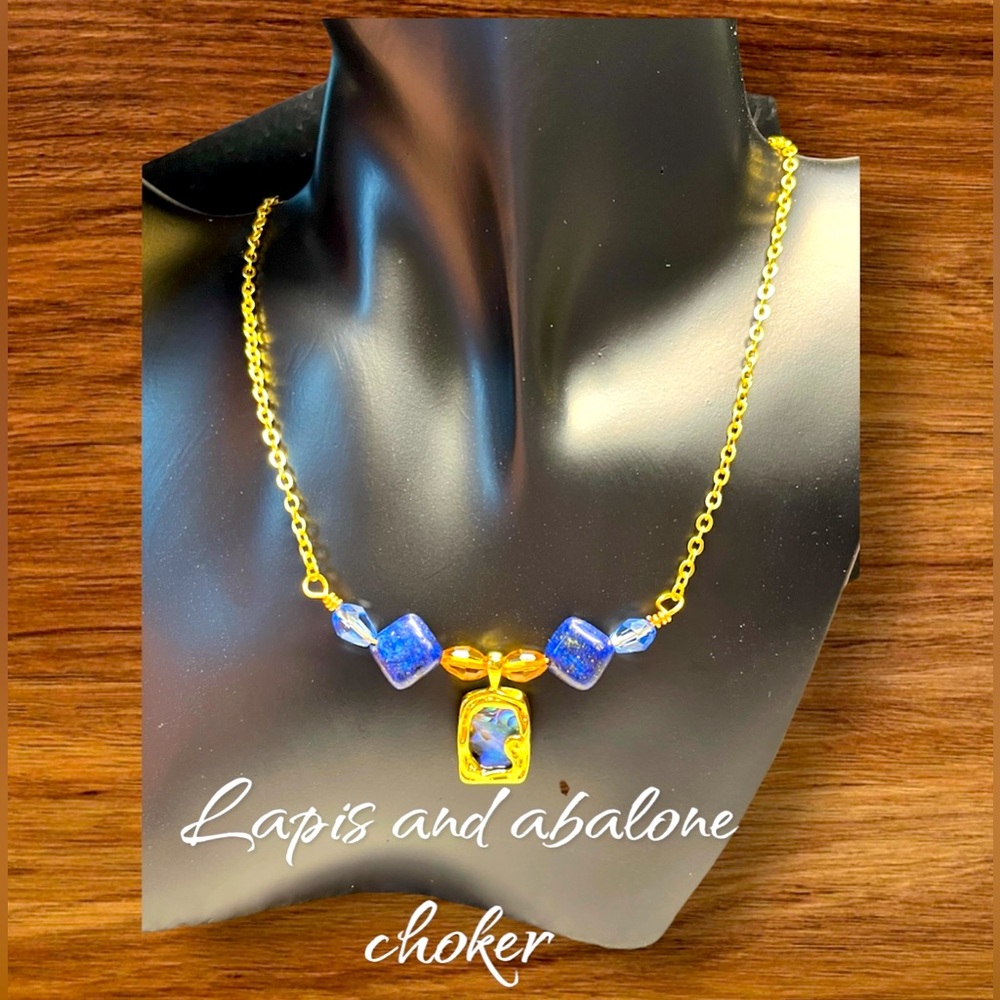 Pretty handcrafted lapis abalone shell and topaz Swarovski link necklace